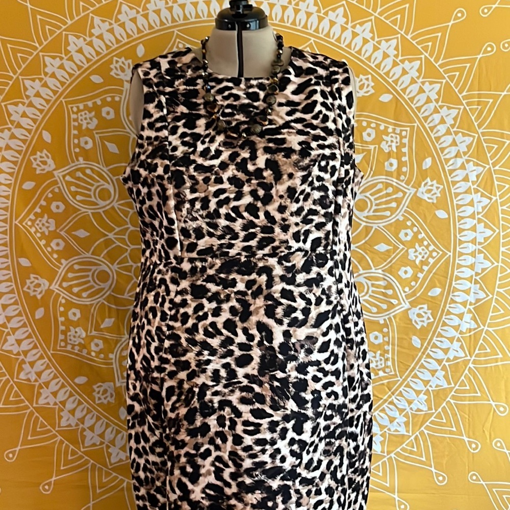 Calvin Klein heavy knit black, tan and cream leopard print scoop neck midi dress